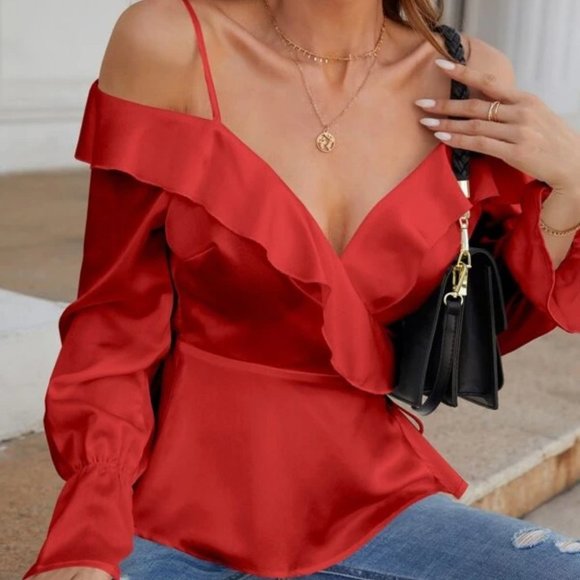 Classy contemporary red cold shoulder Blouse top - Picture 2 of 5